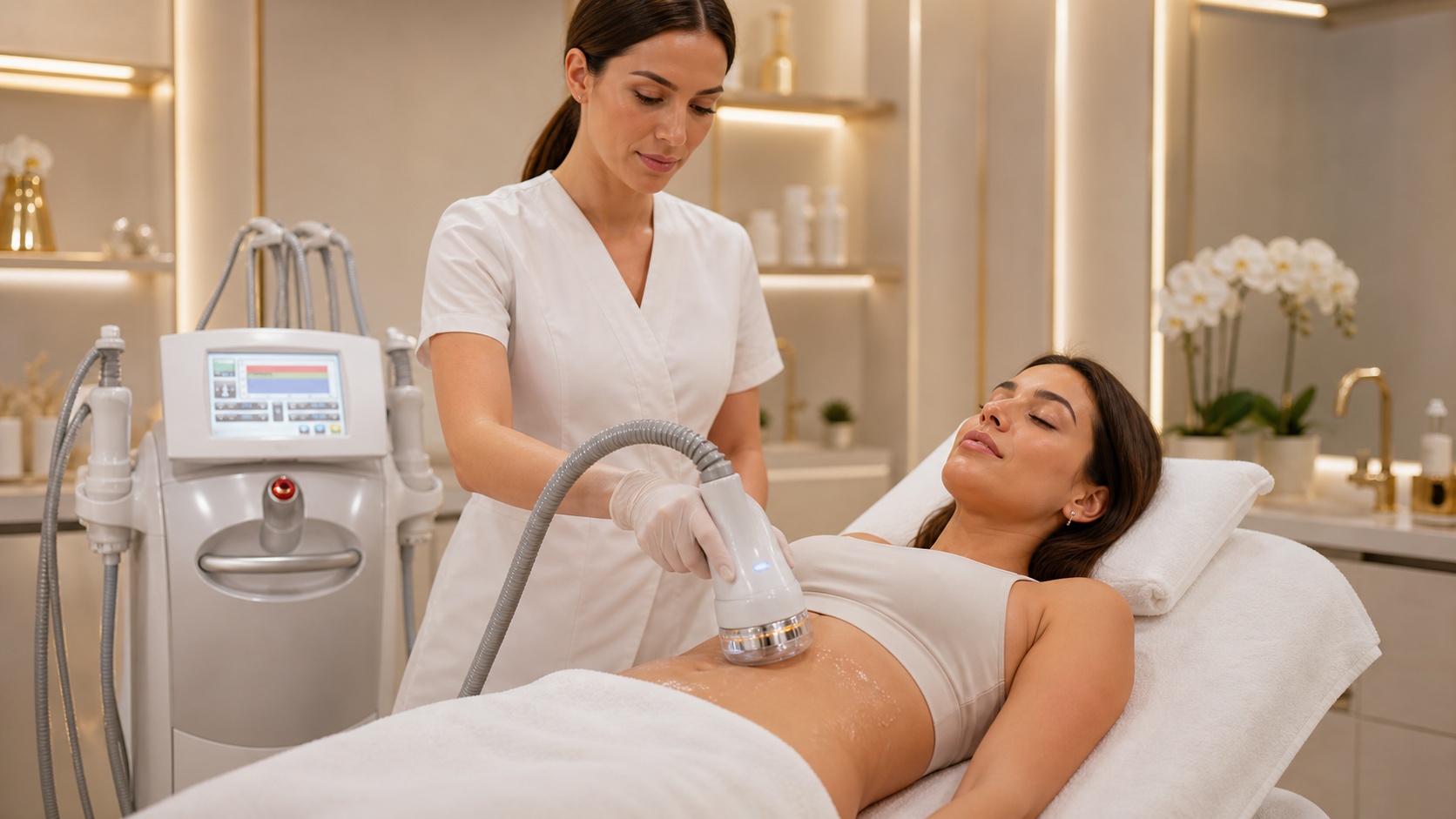 Ultrasonic cavitation fat removal handpiece and gel at Freeda Body Contour Clinic, London