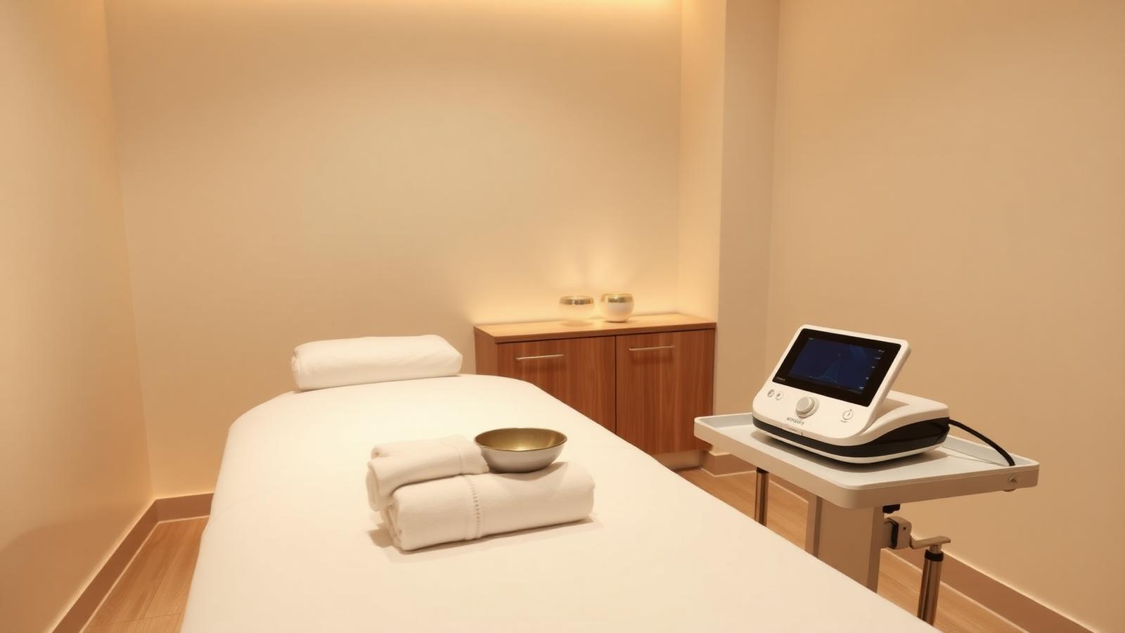 Calm fat loss treatment room with ultrasound device at Freeda Body Contour Clinic, London