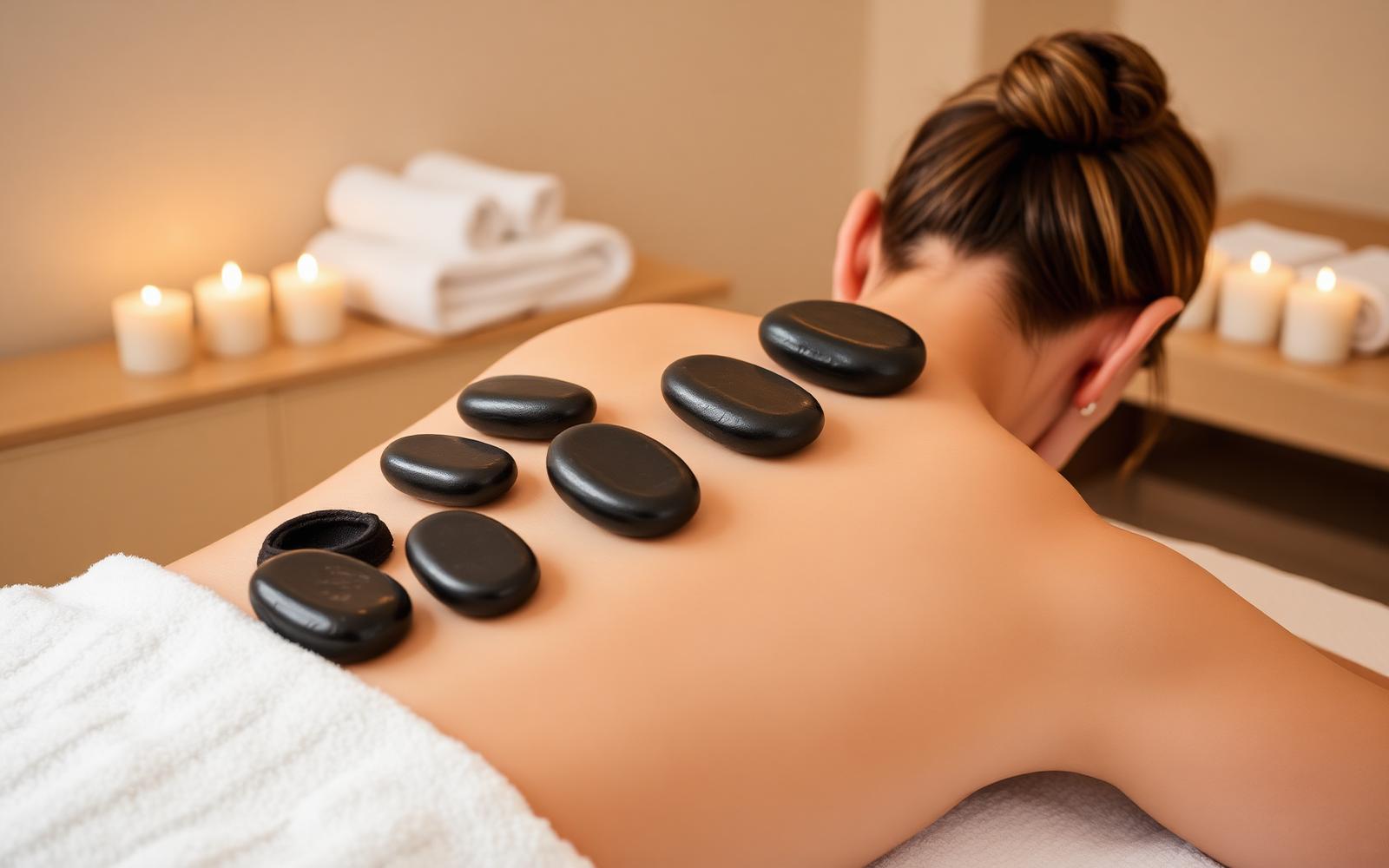 Hot stone massage with smooth basalt stones, warm towels and candles at Freeda Body Contour Clinic Barkingside, London