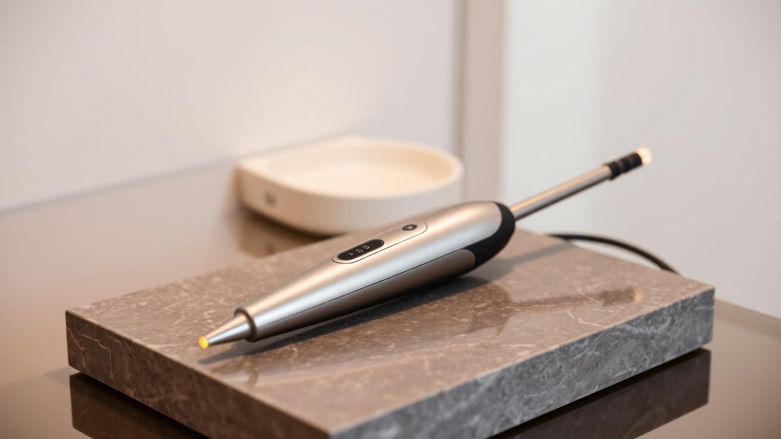 Premium radio frequency handpiece on a stone tray at the London clinic